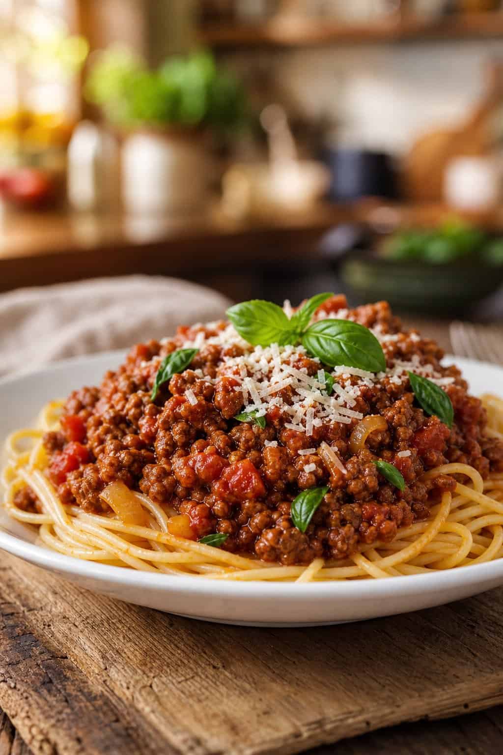 A plate of beef Bolognese sauce served over pasta with fresh basil and grated cheese on a wooden table.