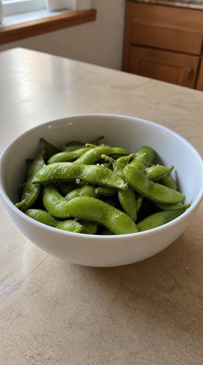 A white bowl of fresh green edamame pods sprinkled with sea salt on a wooden surface.