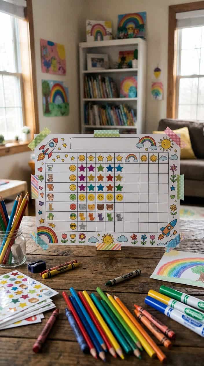 A colorful reward chart on a desk surrounded by colored pencils and crayons.