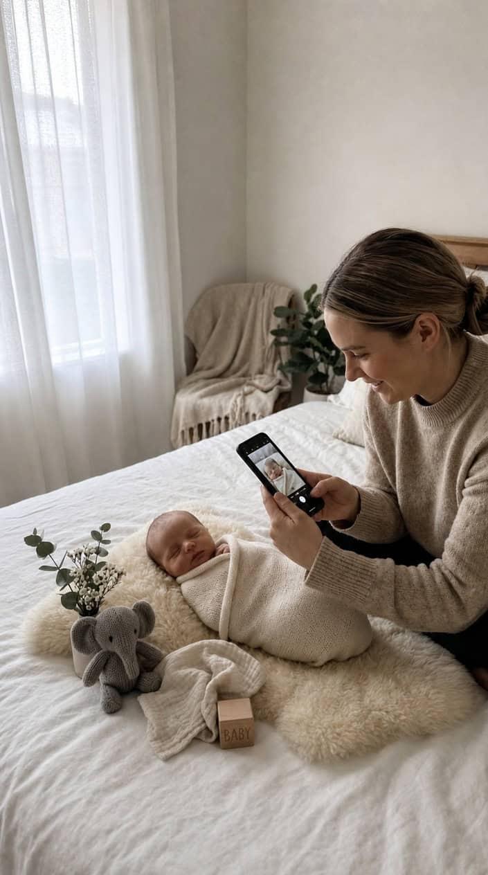 A person taking a photo of a newborn baby wrapped in a blanket at home using a smartphone.