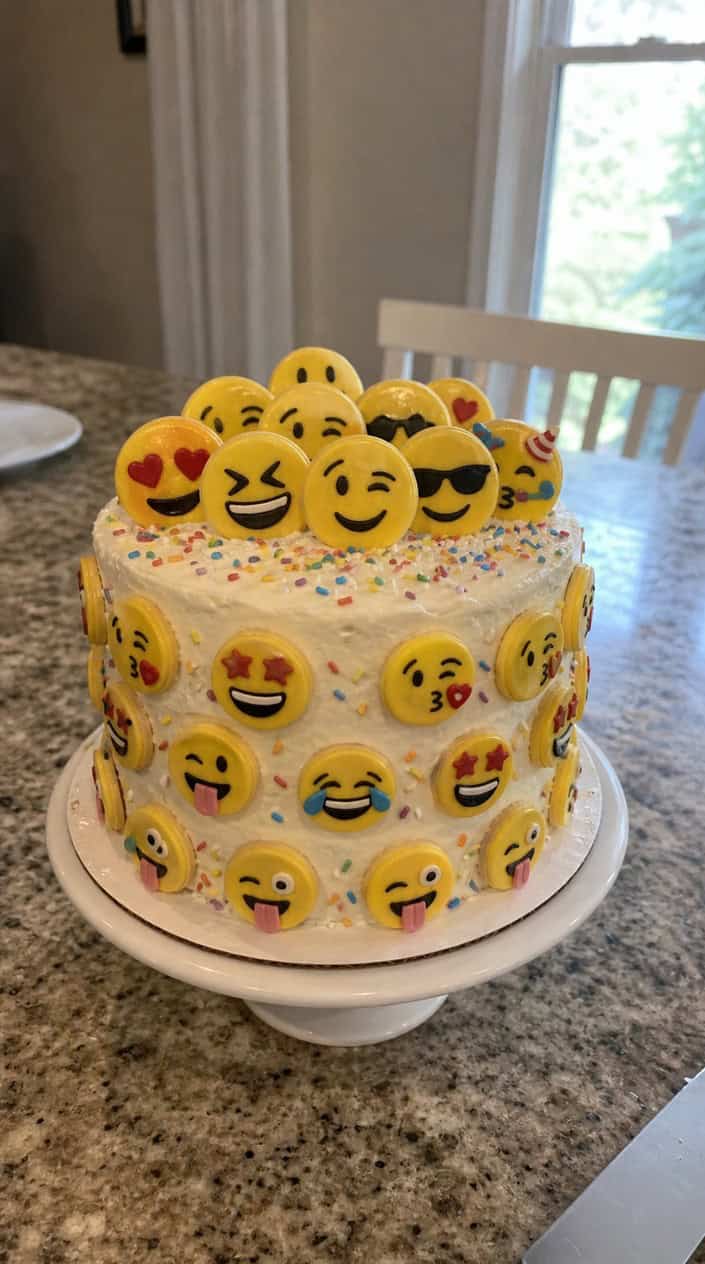 A birthday cake decorated with colorful emoji face cookies on a white cake stand.