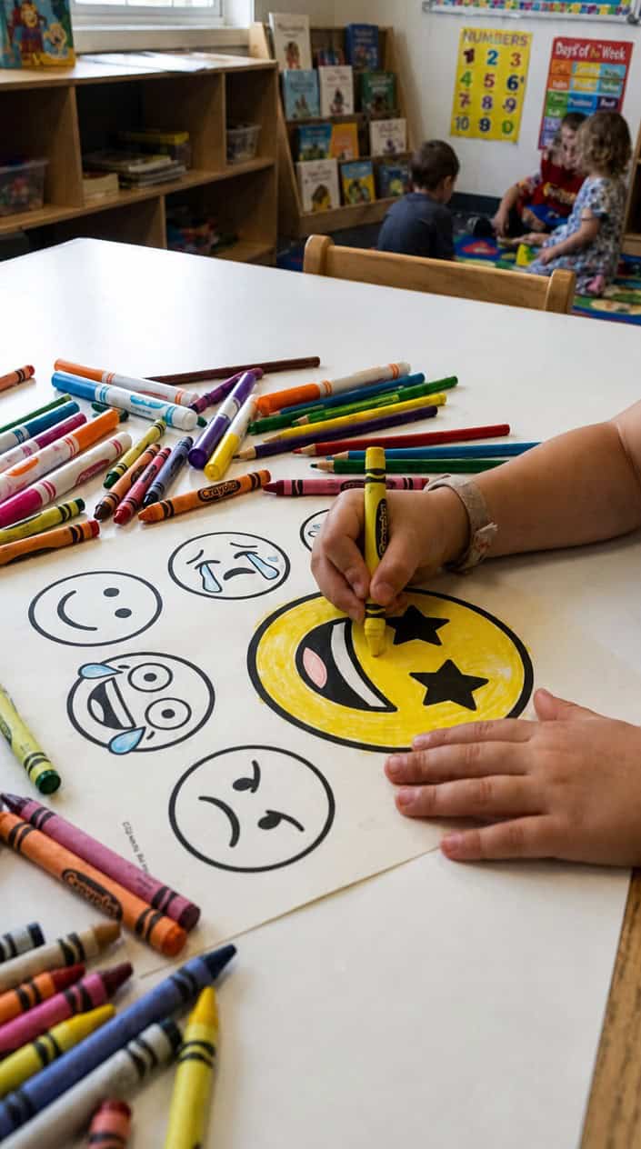A child's hands coloring large emoji faces with crayons on a table surrounded by coloring supplies.