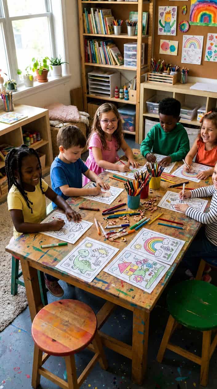 Young children happily coloring and drawing together around a table filled with art supplies and printable coloring pages in a bright, creative room.