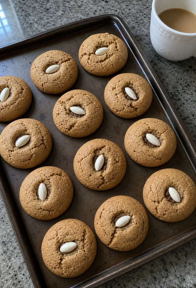 A table with a variety of freshly baked espresso cookies displayed on a rustic wooden tray, surrounded by scattered coffee beans and a steaming cup of espresso