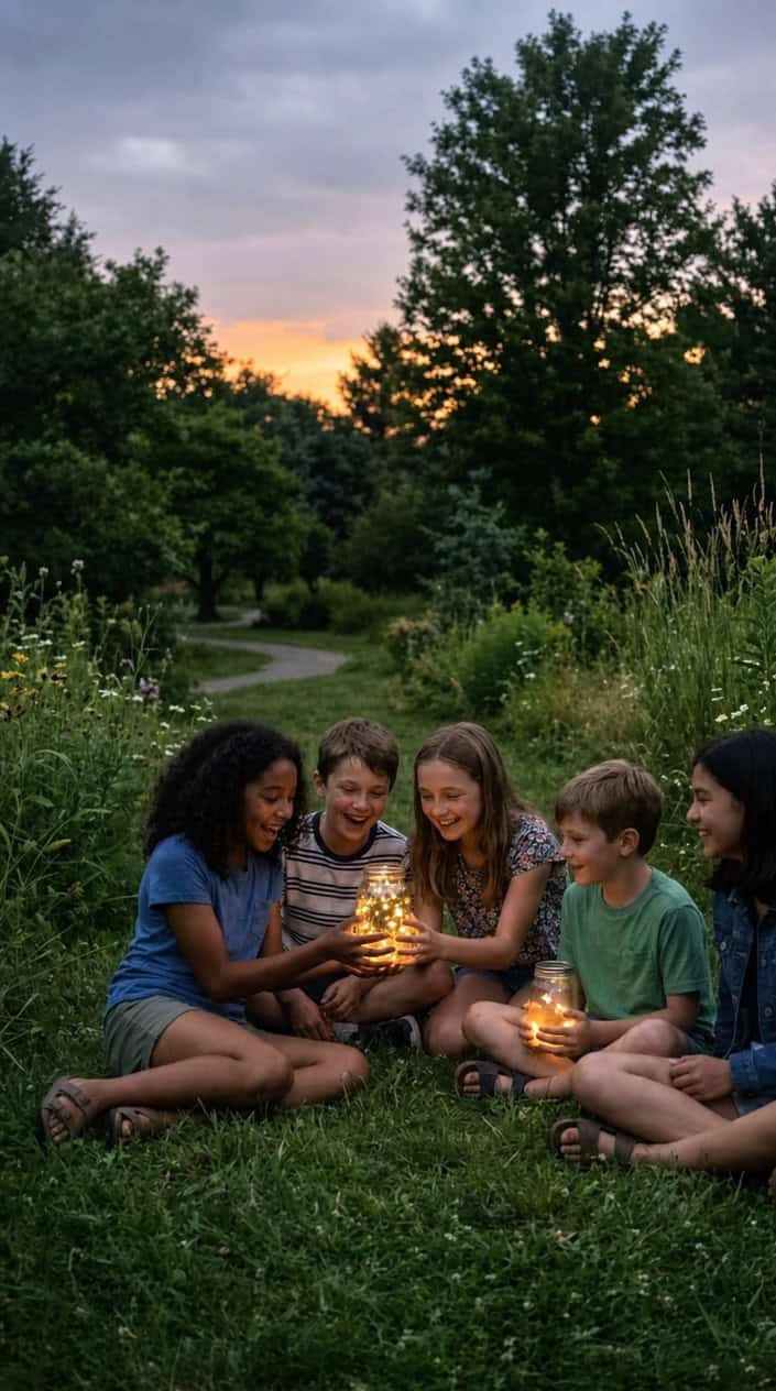 Two children sitting in dewy grass at dusk, each holding a wide-mouth mason jar with punched lid, soft yellow-green firefly light glowing from inside the jars.