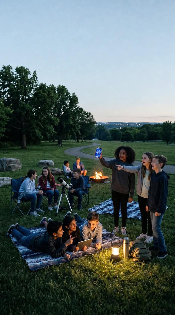 A group of children sitting outdoors at dusk, one holding a smartphone app up toward a darkening sky to identify stars and constellations.
