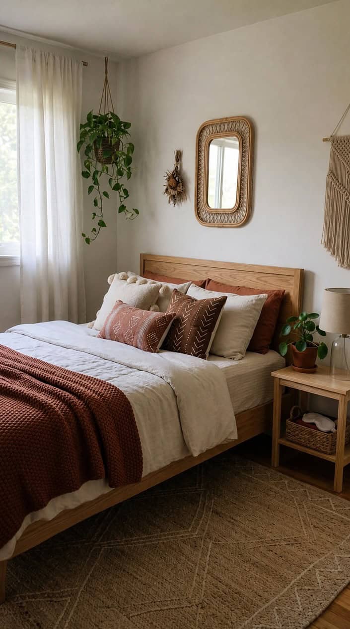 A bedroom with a neatly layered bed in warm terracotta and cream tones, a small wooden nightstand holding a trailing pothos plant, and sheer curtains letting in diffused morning light.