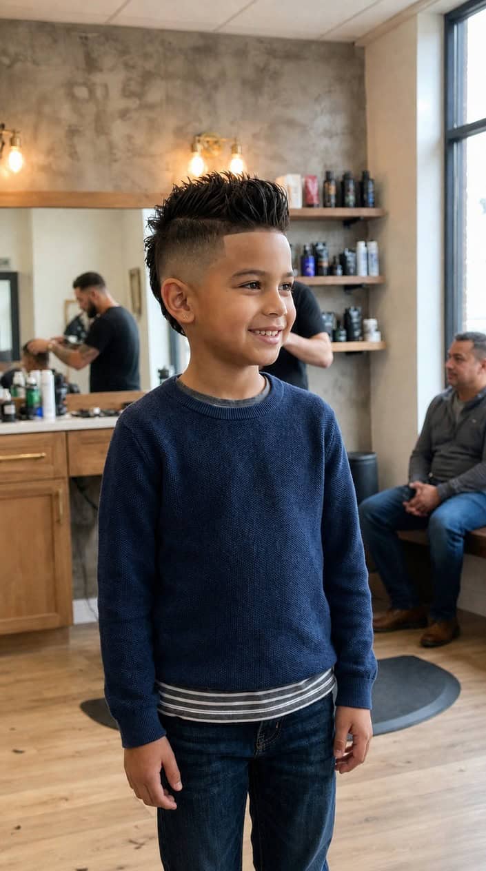 A young boy with a fade haircut and faux hawk strip smiling indoors.
