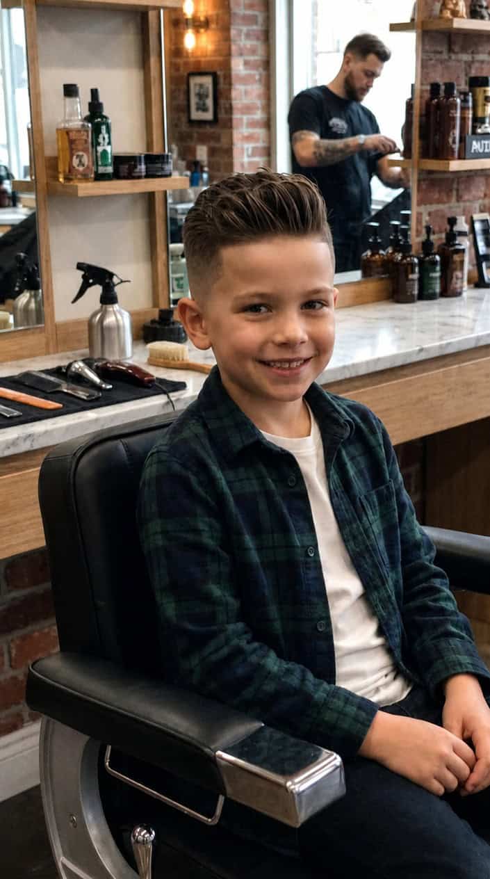 A young boy sitting in a barbershop chair, smiling with a short styled haircut.