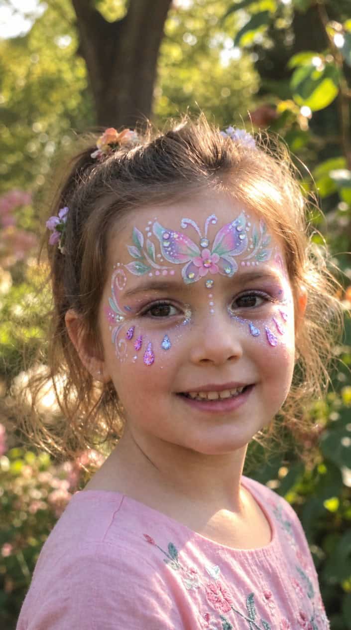 Close-up of a smiling child with glittery fairy tear drop face paint under their eyes.