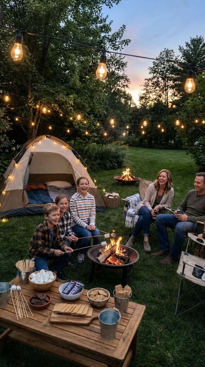A family gathered around a small backyard fire pit at dusk, children holding long roasting skewers over the flame with a s'mores station spread on a folding table nearby.