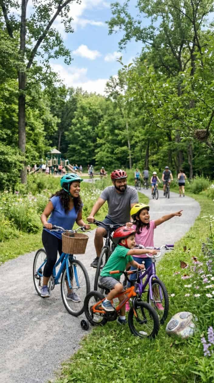 Physical Activities for Kids to Burn Off Energy 6 A family of four on a bike ride in a park stopping to look at nature objects during a scavenger hunt.