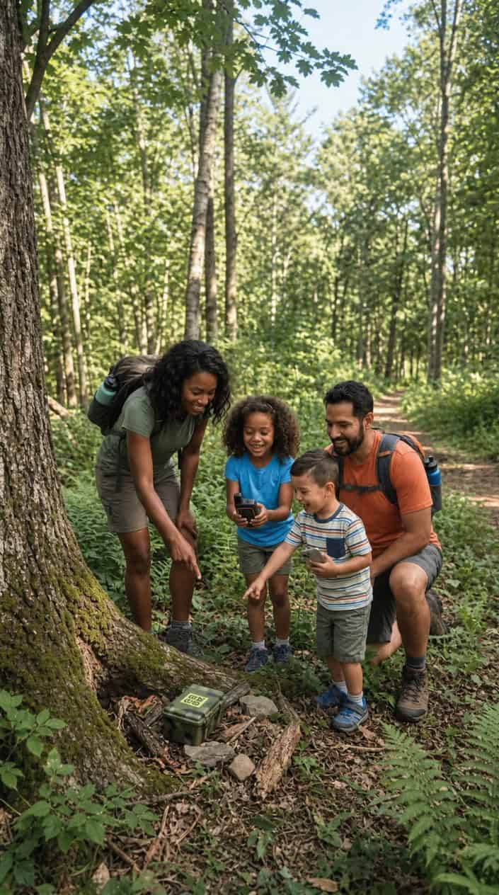 A family of parents and children outdoors in a green park searching for a hidden geocache container using GPS devices on a sunny summer day.