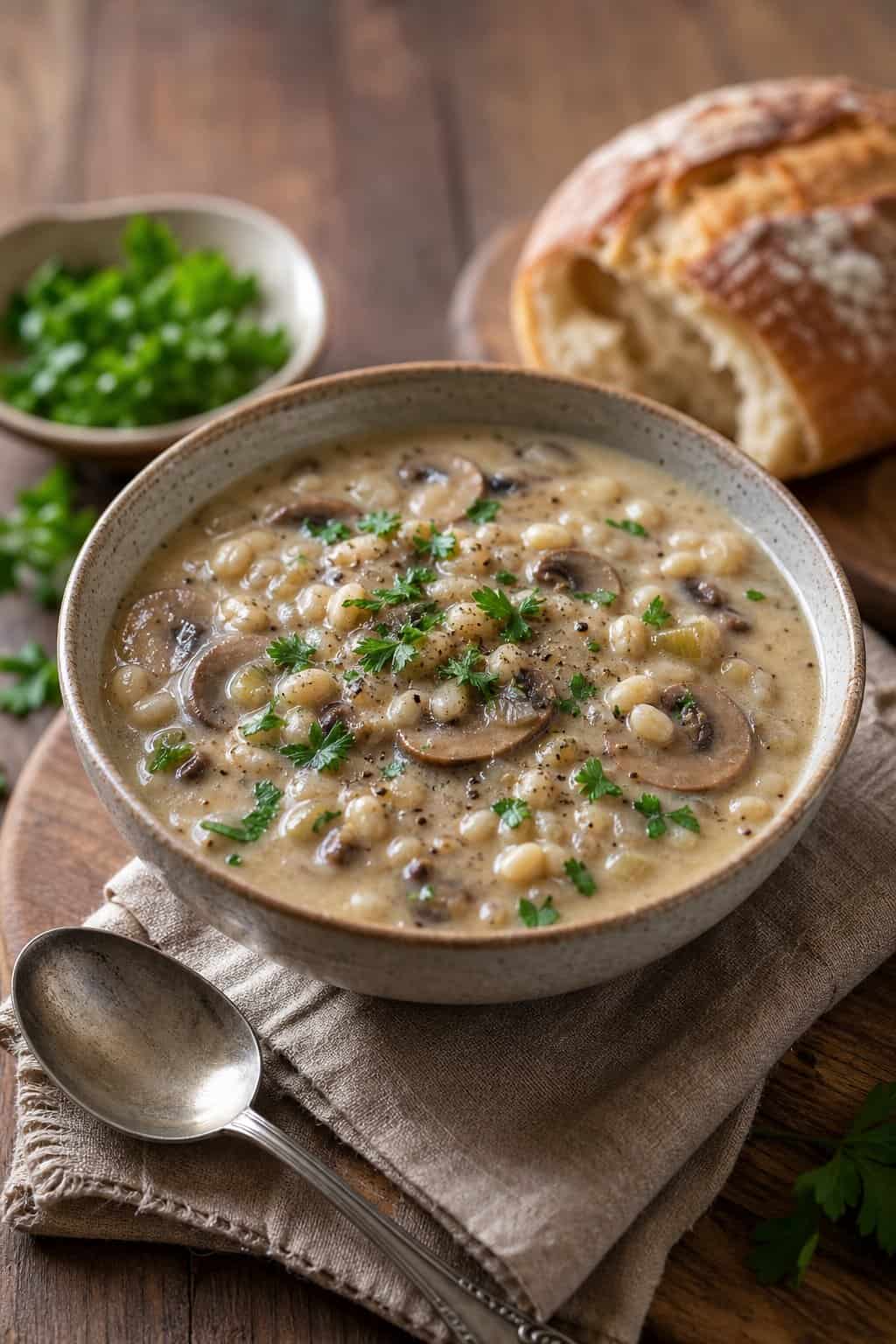 A bowl of creamy mushroom and barley soup on a wooden table with bread and a spoon nearby.