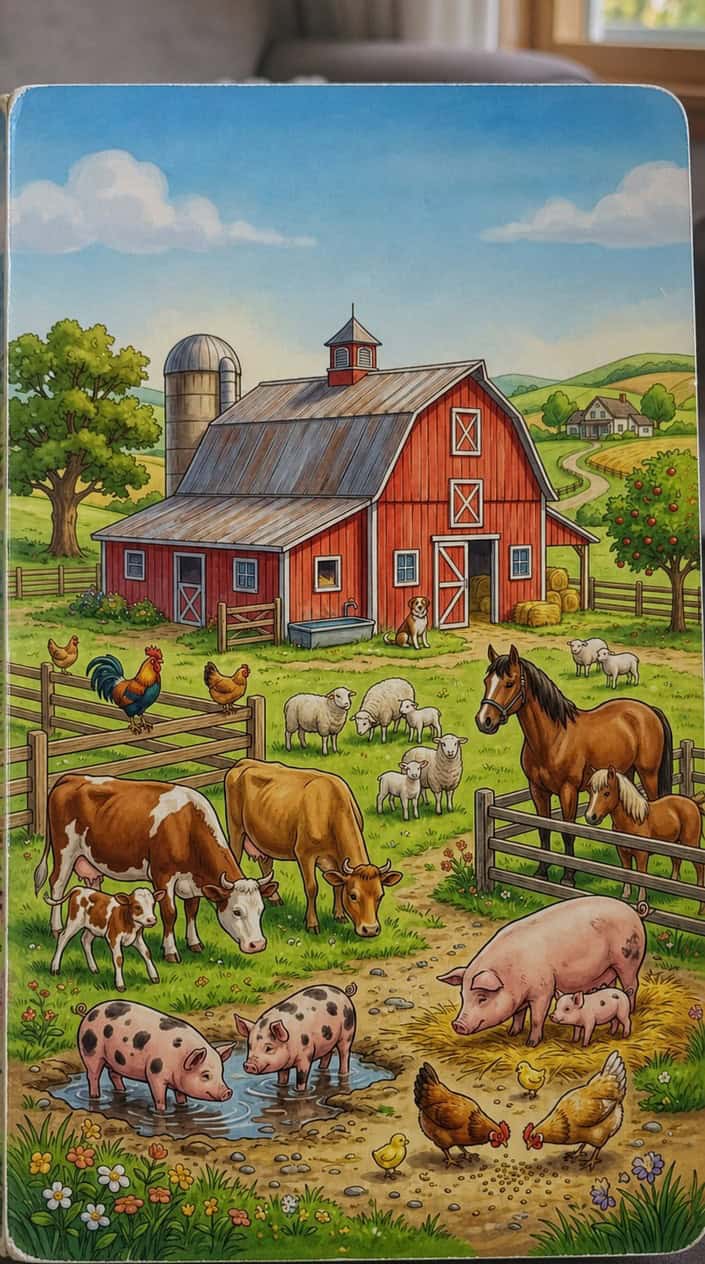 A colorful barnyard scene with cows, pigs, chickens, sheep, and horses near a red barn in a green pasture under a blue sky.