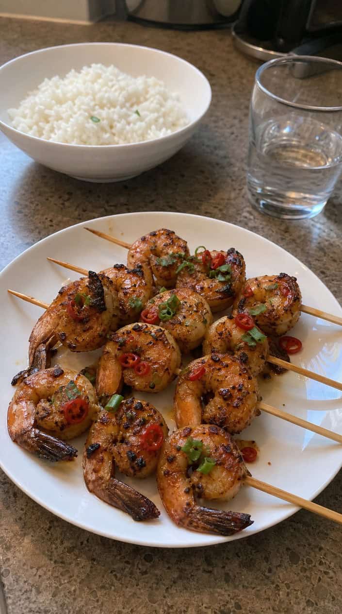 Close-up of grilled firecracker shrimp skewers on a wooden platter with fresh herbs and chili, set on a table with small American flags and picnic decorations in a backyard.