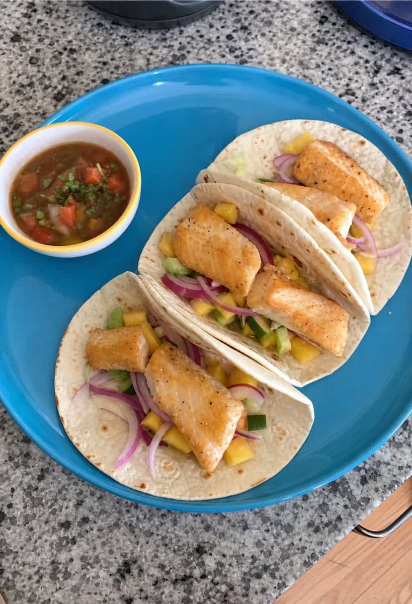 A colorful plate of fish tacos surrounded by fresh ingredients and a side of salsa