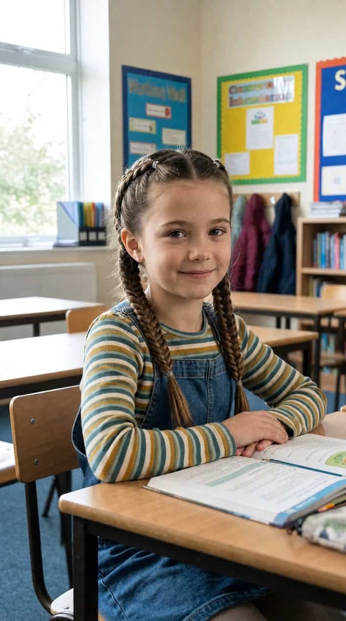 A young girl with braided pigtails sitting in a classroom, smiling softly.