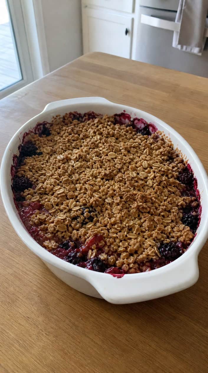 A freshly baked berry crisp with oat topping in a white baking dish on a wooden table, surrounded by scattered berries.