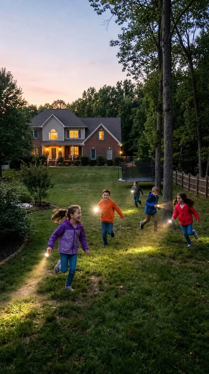 Children playing flashlight tag in a backyard at dusk, running and holding flashlights with trees and a house in the background.