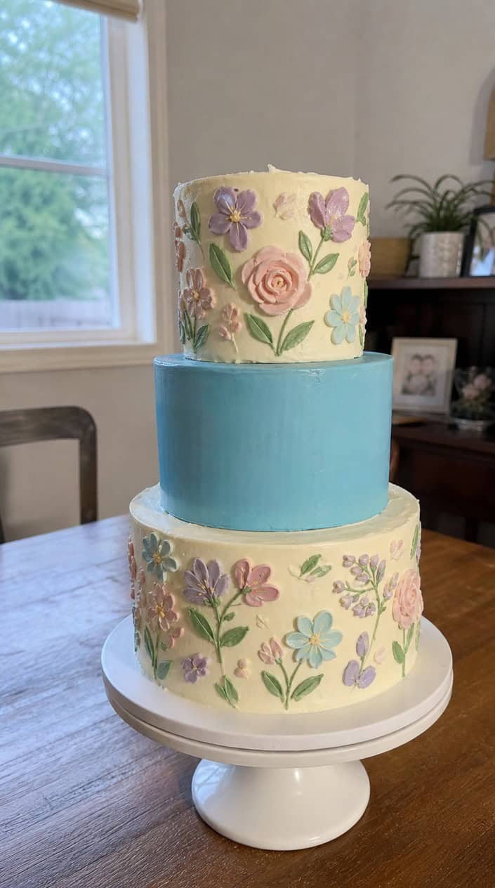 A three-tiered cake with floral buttercream frosting and a brightly colored center tier on a white surface.