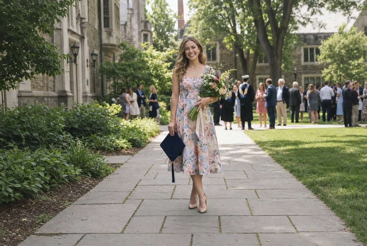 A woman standing outdoors in bright natural light wearing a floral-print tea dress with a fitted bodice and full skirt, holding a graduation cap and smiling.