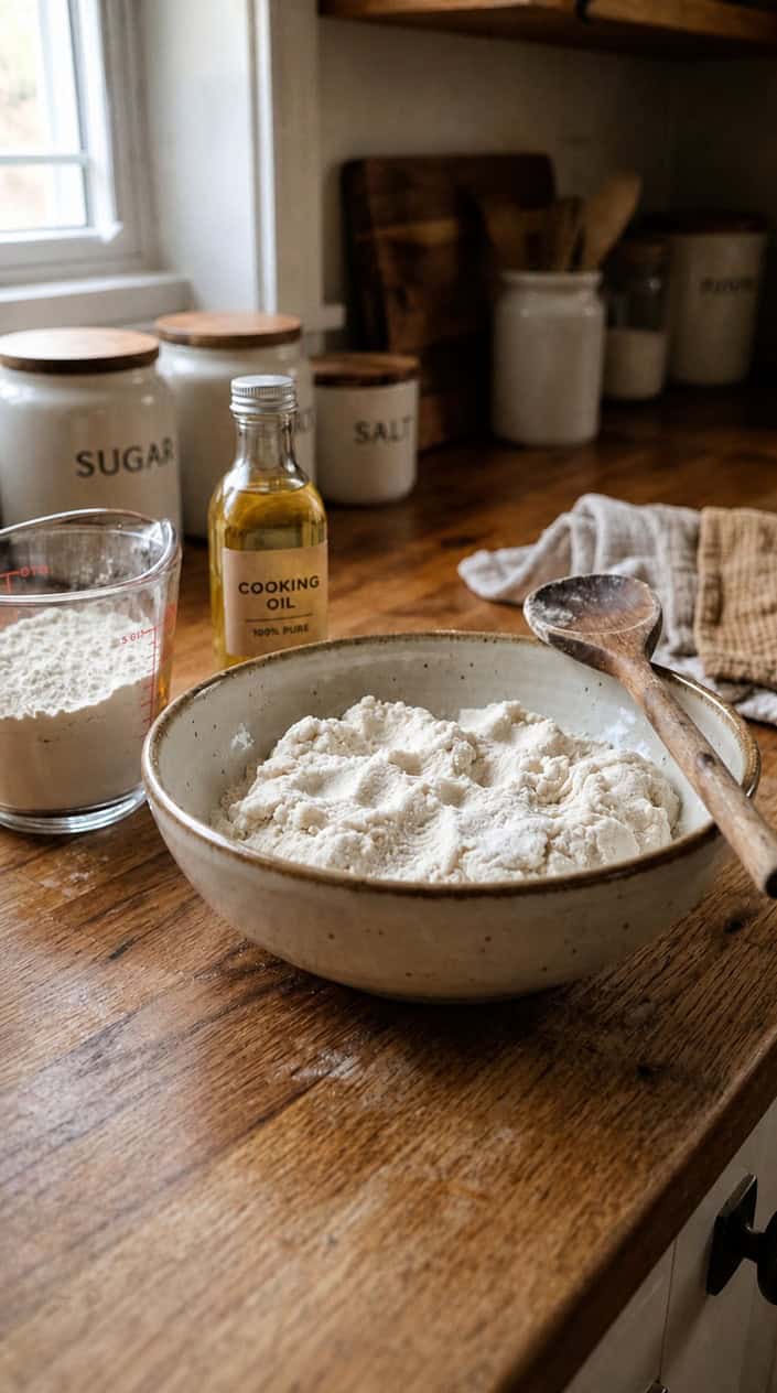 A bowl of soft, moldable flour moon dough on a kitchen counter with flour, cooking oil, and a wooden spoon nearby.