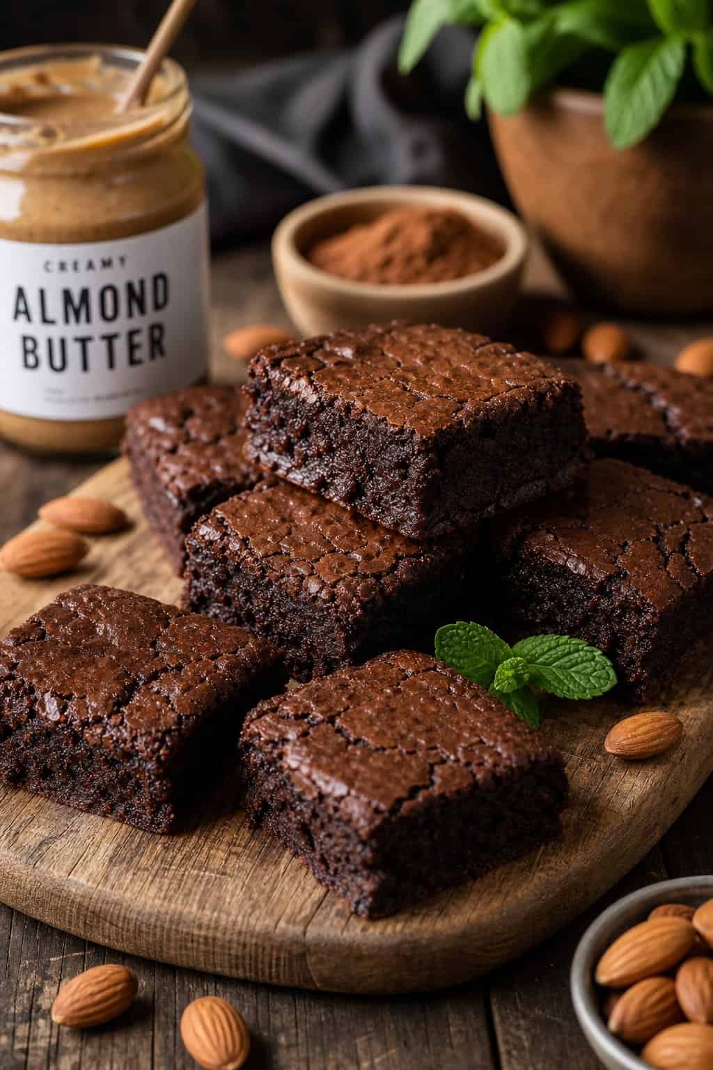 20 Keto Dessert Recipes Anyone Can Pull Off 8 Six fudgy almond butter brownies on a worn wooden cutting board, with a small open jar of almond butter and a loose scatter of whole almonds around the edges.