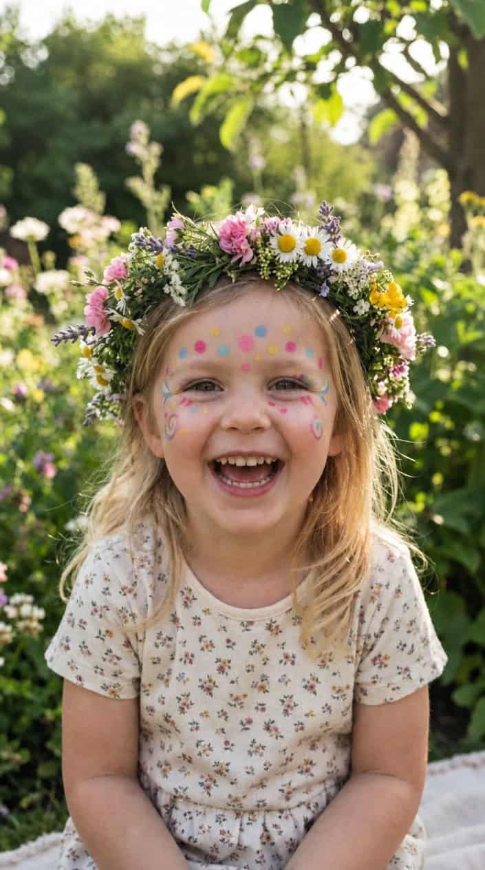 A smiling child wearing a flower crown on their forehead with colorful face paint designs.