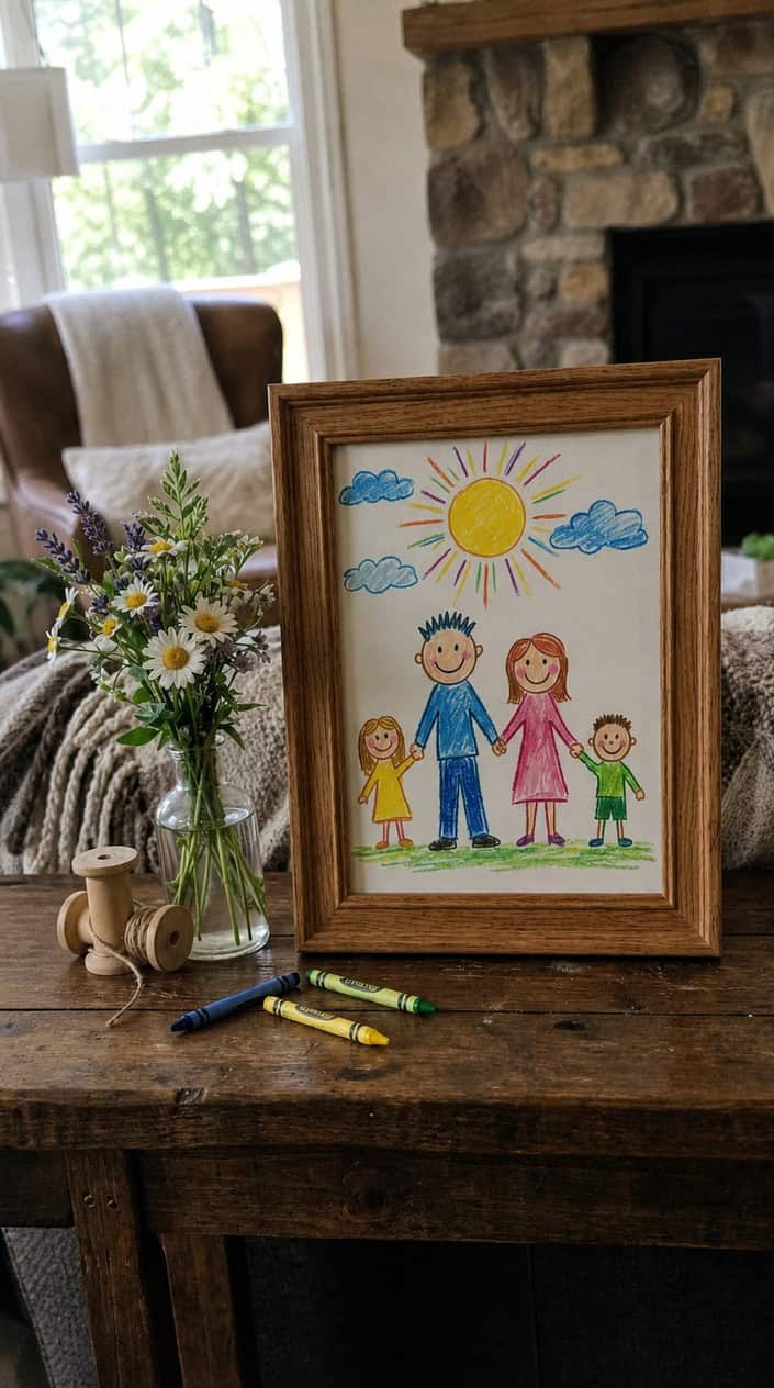 A framed crayon drawing of a family displayed on a wooden surface with soft natural lighting and a vase of flowers nearby.