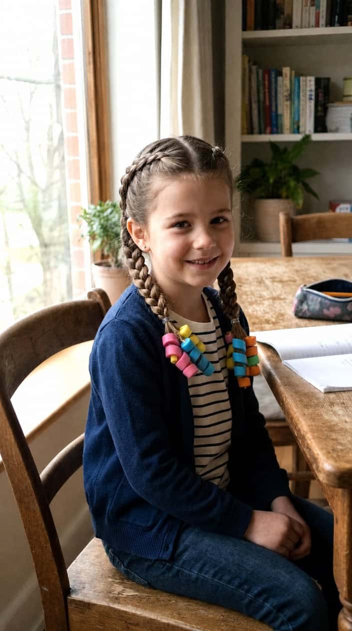 Young girl with two braided pigtails sitting indoors, smiling gently.