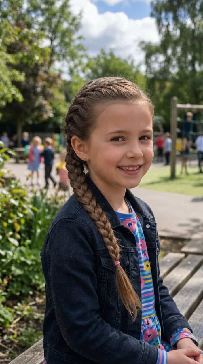 A young girl outdoors smiling with her hair styled in a neat braid.