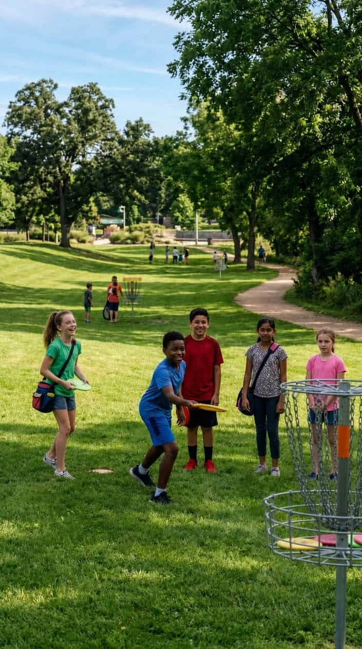 18 Kid-Friendly Outdoor Summer Activities for Tweens and Older Kids 15 Two boys mid-throw on a grassy disc golf course, one in a red shirt releasing a blue frisbee toward a metal basket goal in the distance.