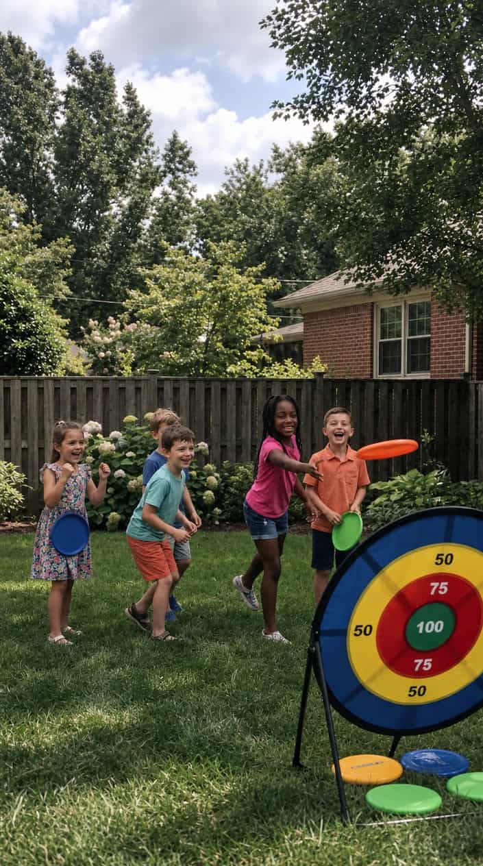Physical Activities for Kids to Burn Off Energy 16 Children playing frisbee target toss together in a green backyard on a sunny day.