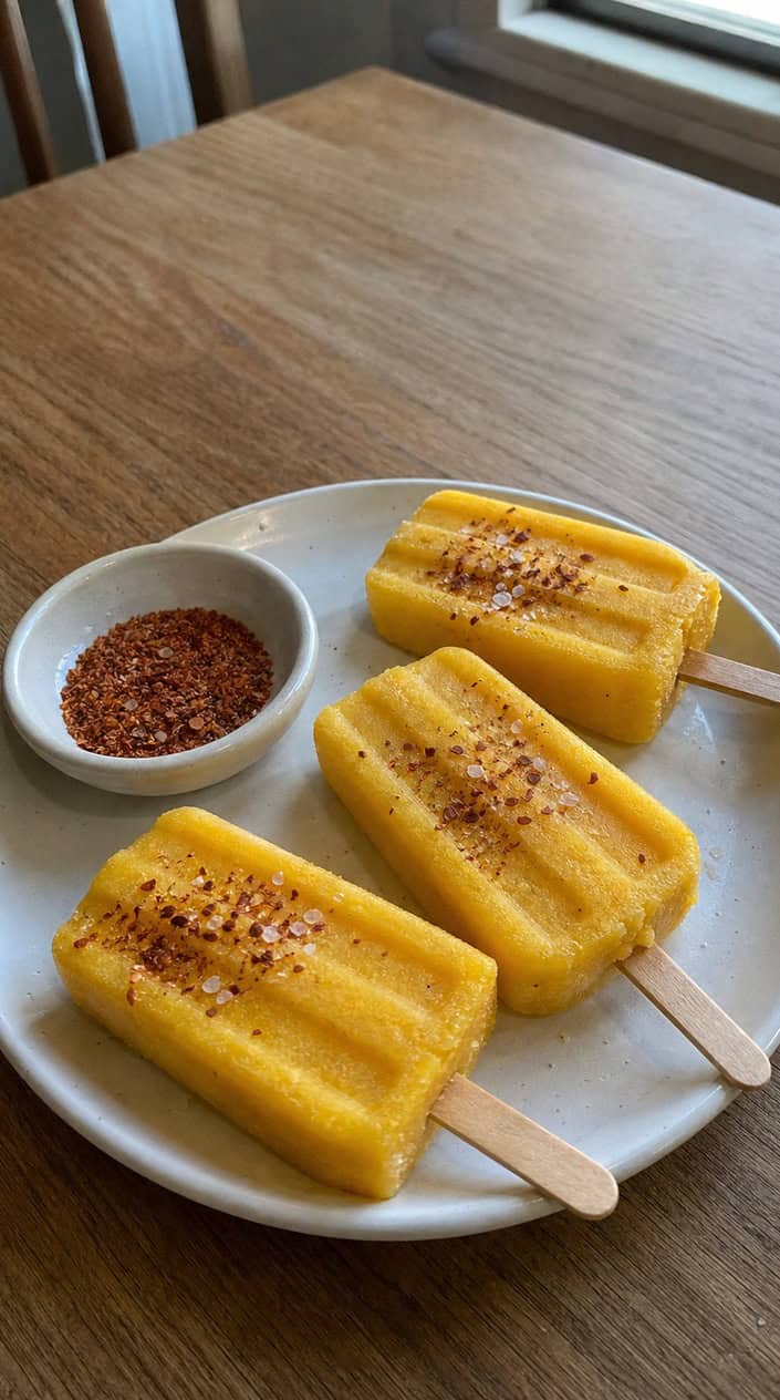Frozen mango popsicles sprinkled with chili salt on a wooden board, surrounded by mango slices and small bowls of chili powder and salt.