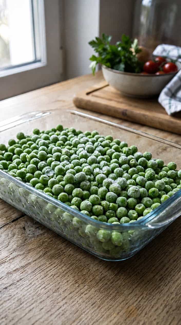 A shallow tray filled with frozen green peas on a wooden surface in a kitchen setting.