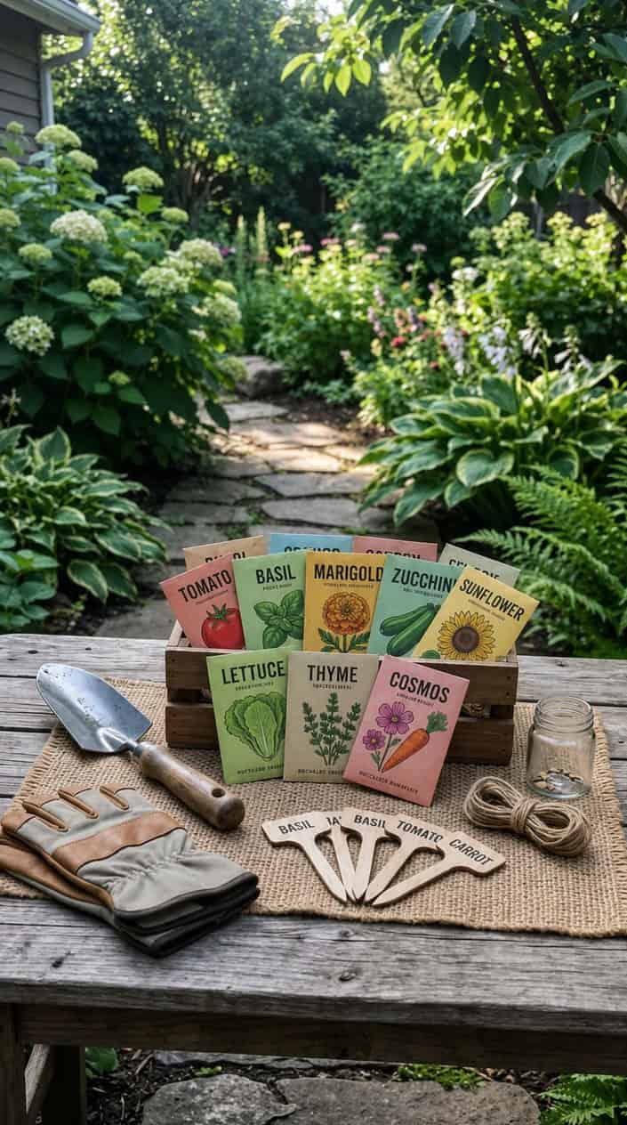 A garden starter kit with labeled seed packets, gardening tools, and plant markers arranged on a wooden table with green plants in the background.