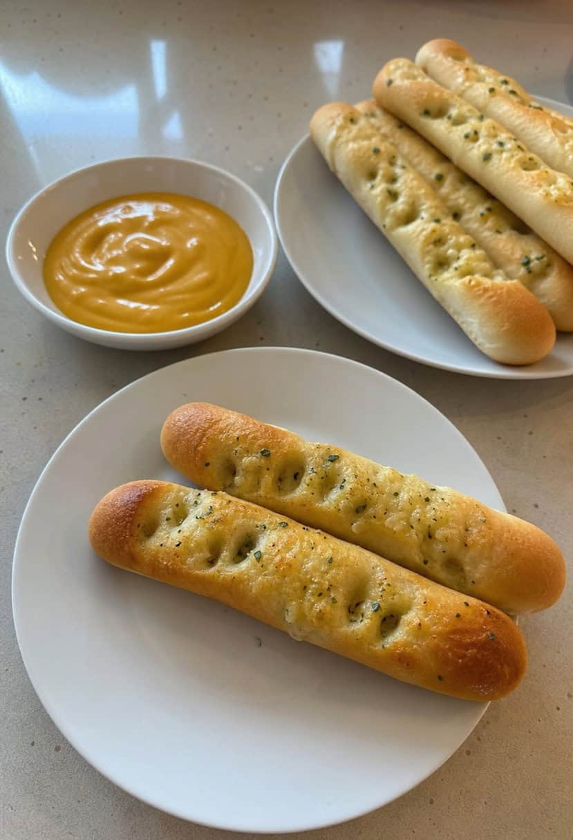 A rustic wooden table set with a variety of garlic breadsticks and dipping sauces, surrounded by fresh herbs and ingredients