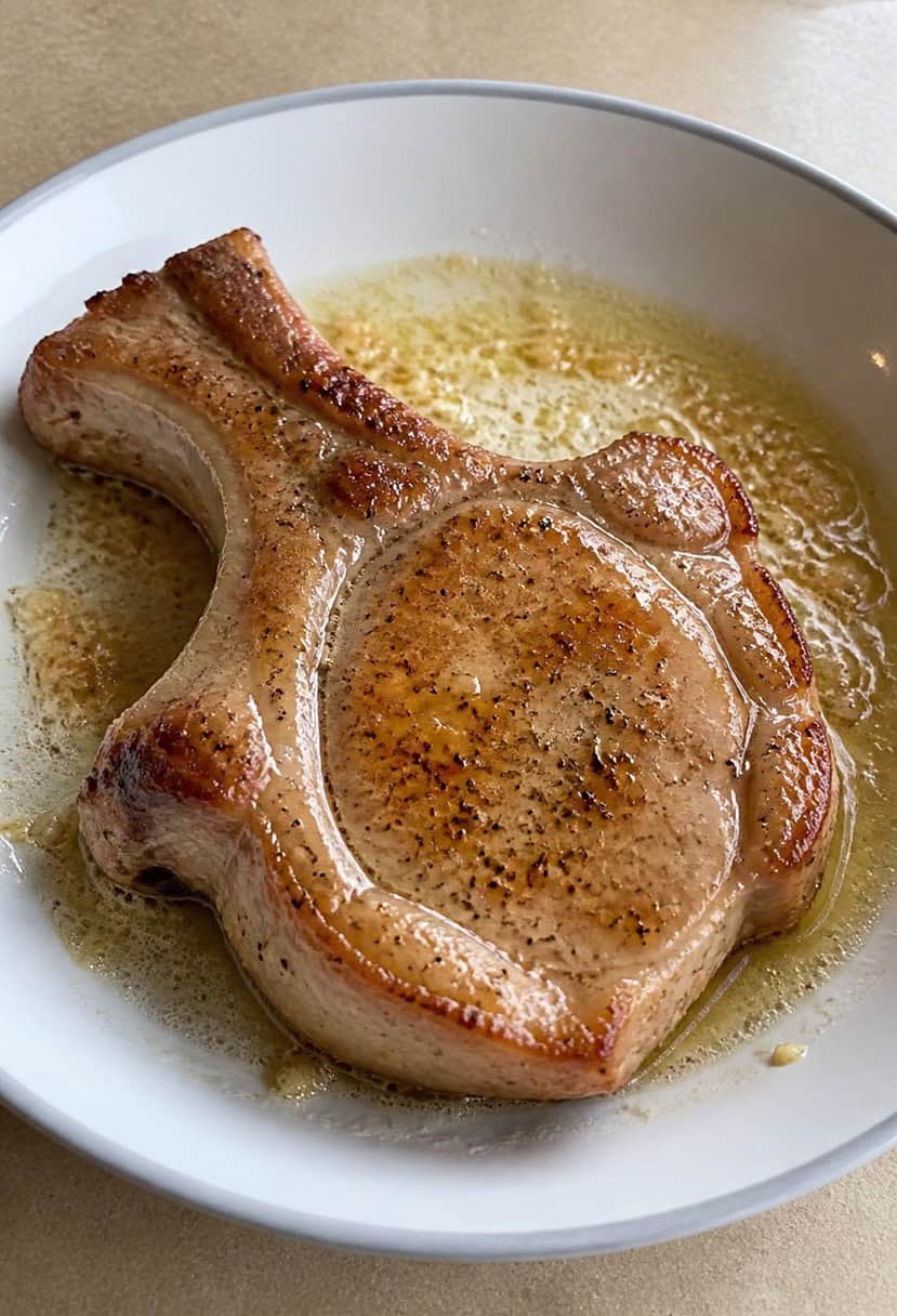 A sizzling pork chop is being cooked in a skillet with bubbling garlic butter, emitting a mouth-watering aroma