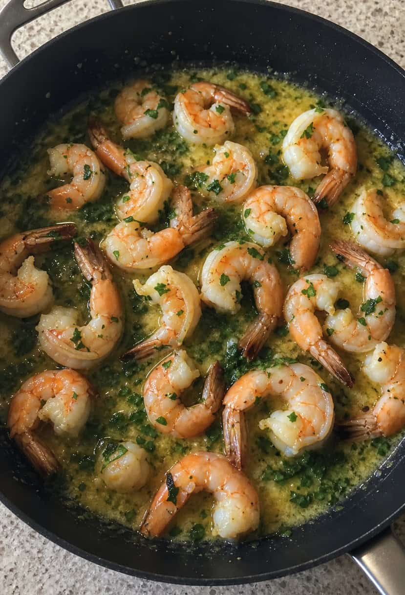 A sizzling skillet of garlic butter shrimp, surrounded by fresh herbs and lemon wedges, steaming and ready to be served