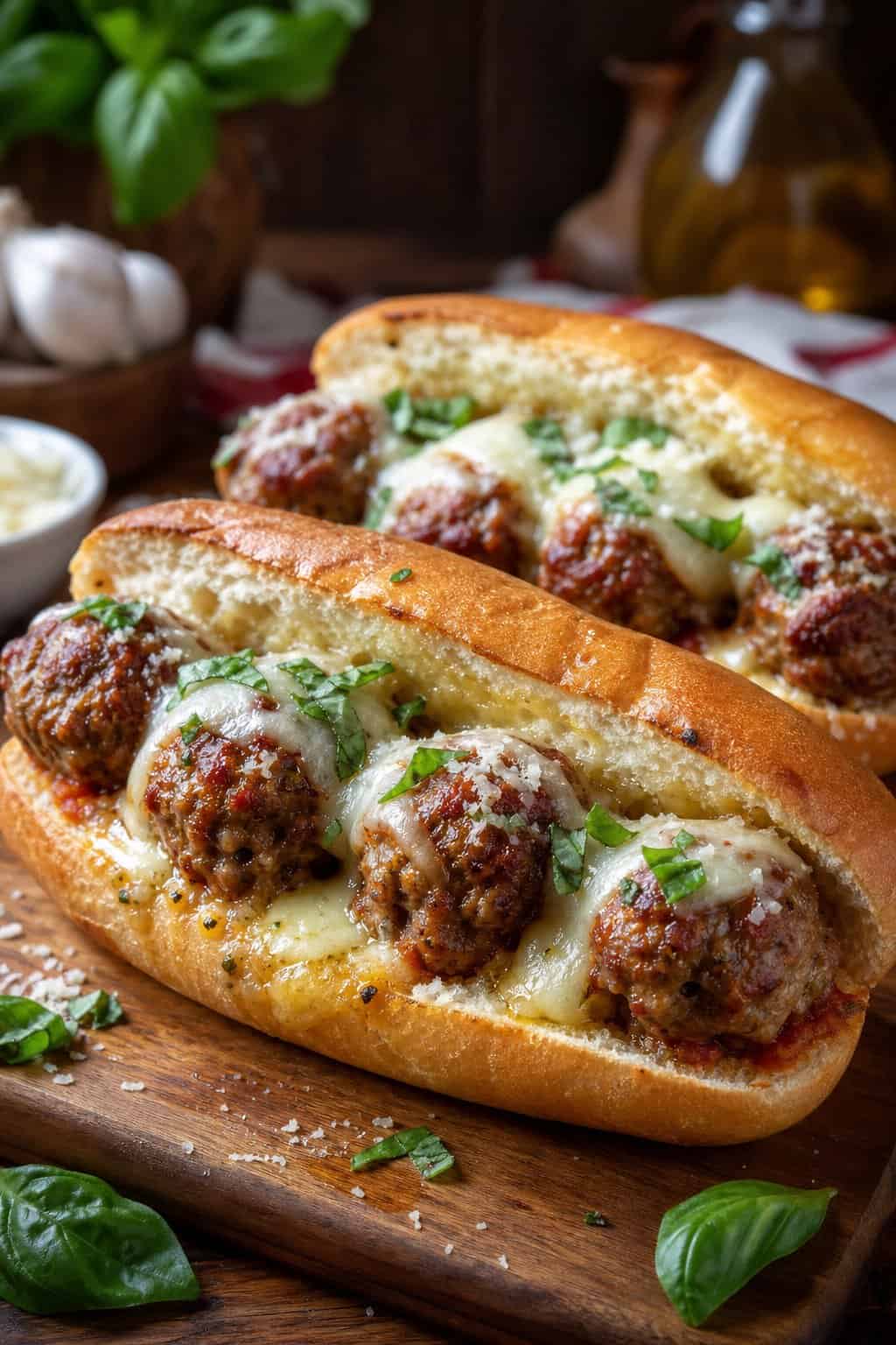 Close-up of garlic-butter stuffed meatball subs on a wooden board with melted cheese and fresh basil.