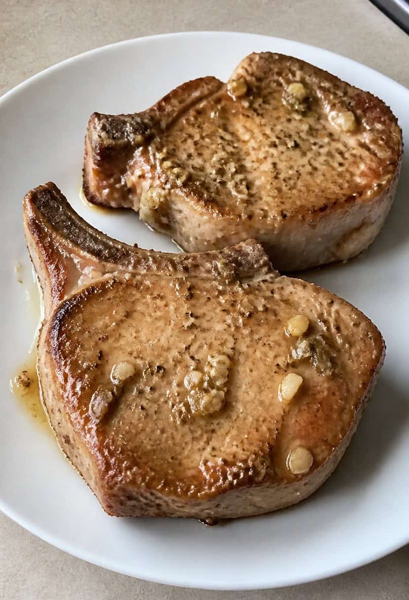 A sizzling pork chop with garlic and herbs cooking on a hot skillet