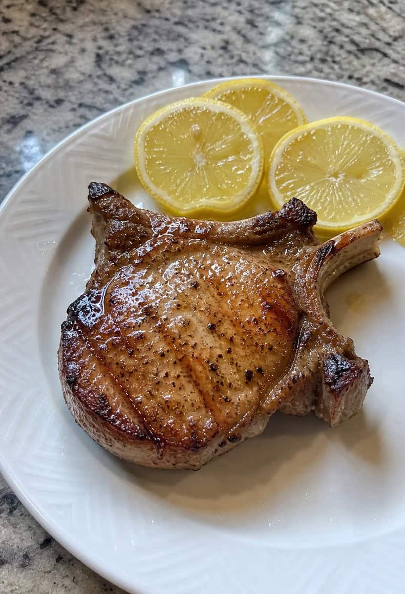 A sizzling pork chop cooking on a hot grill, surrounded by fresh garlic, lemon slices, and sprigs of thyme