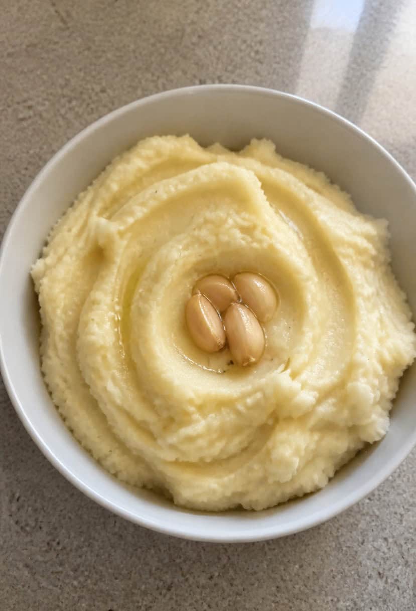 A bowl of creamy garlic mashed potatoes surrounded by scattered whole garlic cloves and sprigs of fresh parsley
