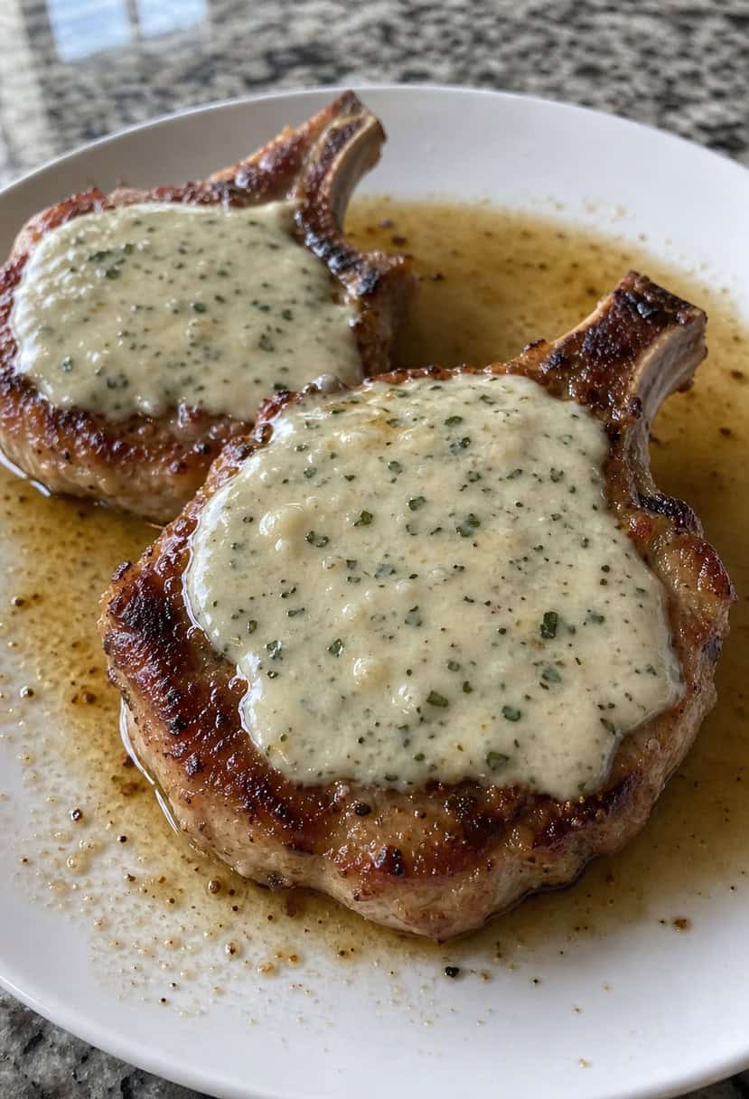 A sizzling pork chop covered in a rich garlic parmesan ranch sauce, surrounded by fresh herbs and seasoning