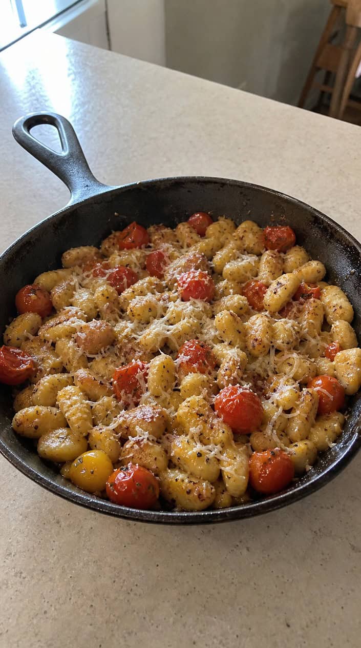 A cast iron skillet packed with golden-brown pan-fried gnocchi, halved blistered cherry tomatoes in shades of red and yellow, torn basil leaves, and a snowfall of grated Parmesan.