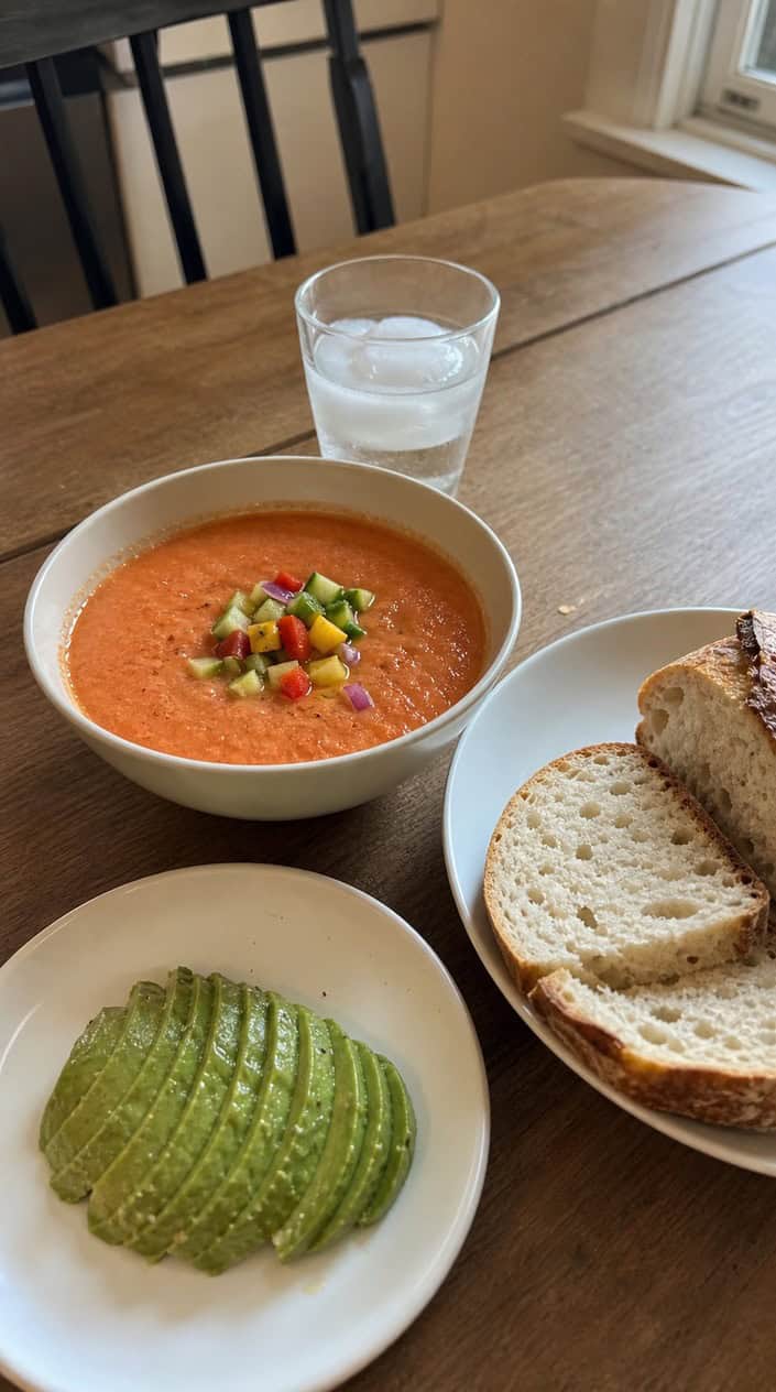 A bowl of gazpacho soup with crusty bread slices and sliced avocado on a wooden table.