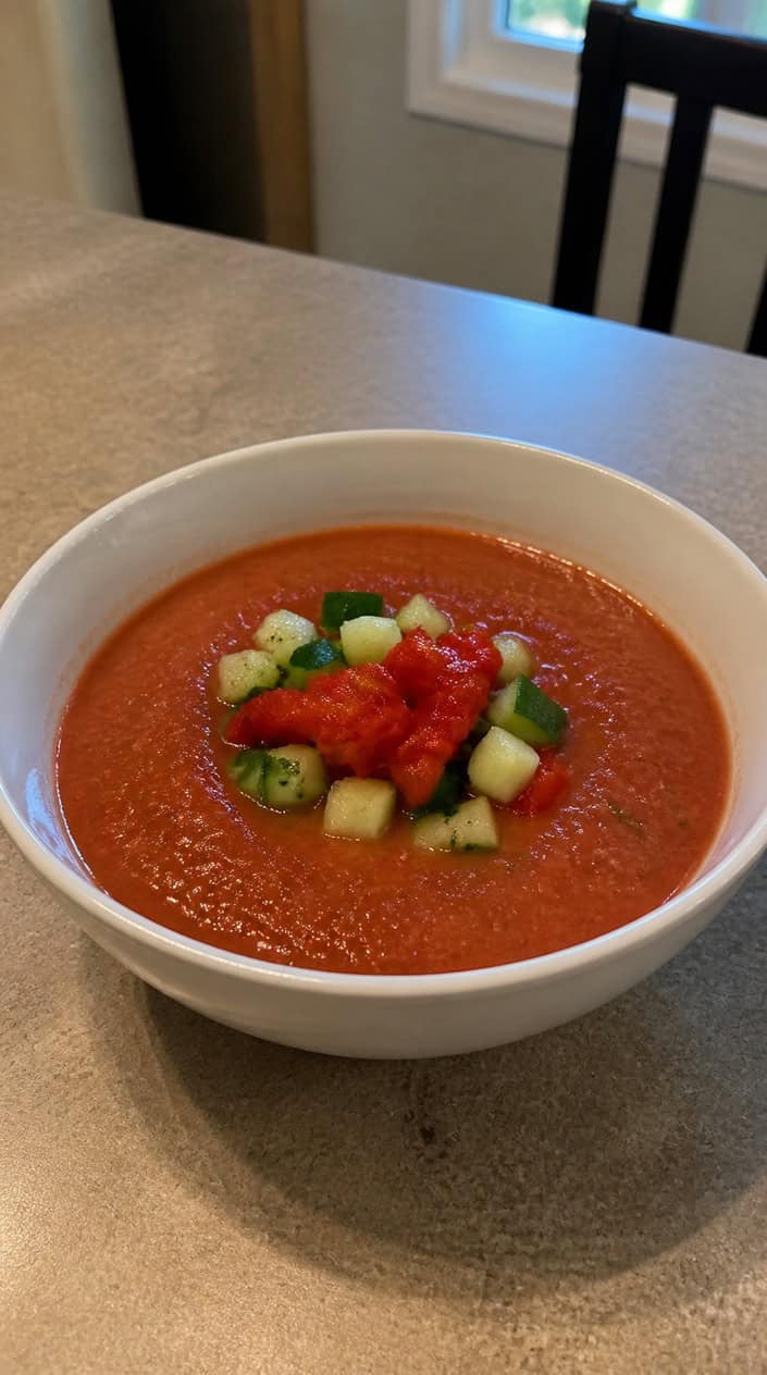 A bowl of gazpacho soup with roasted red pepper and cucumber on a wooden table surrounded by fresh vegetables.