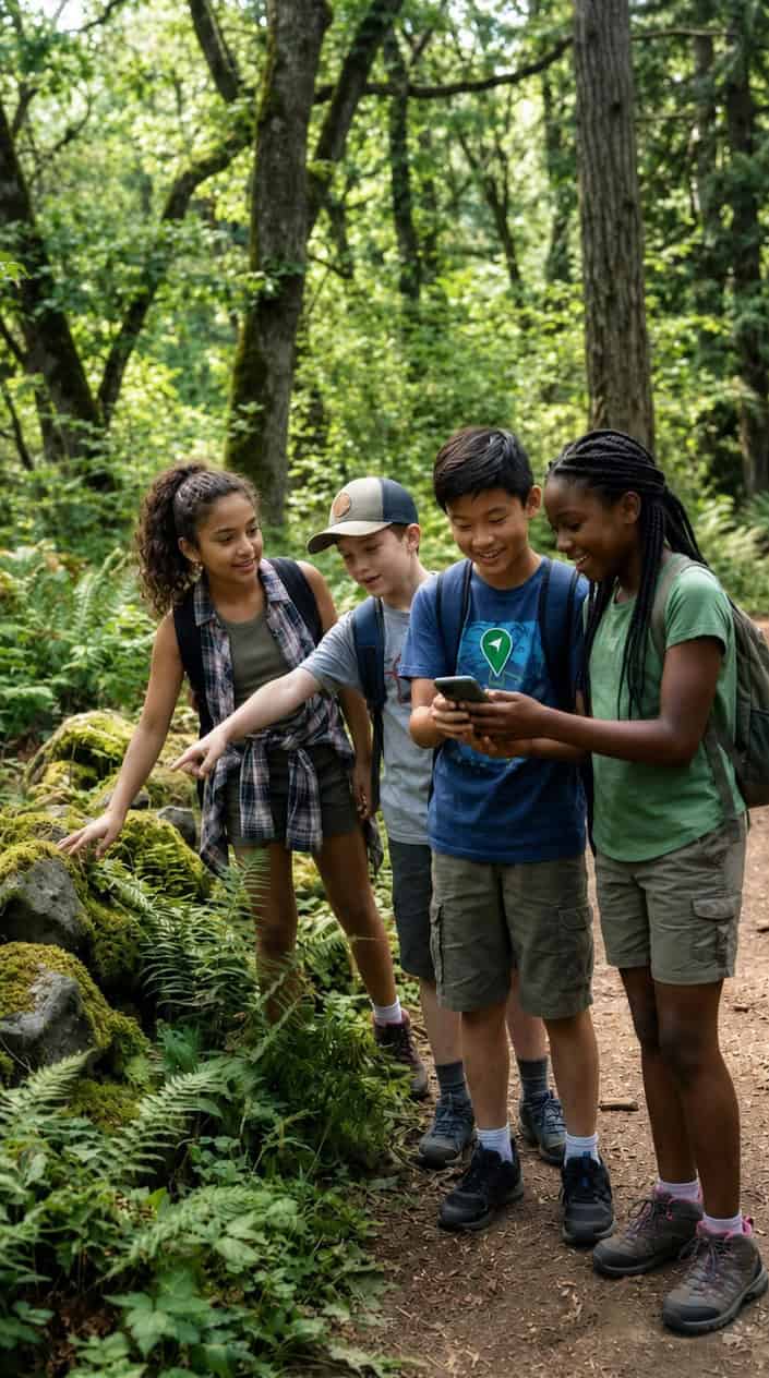 18 Kid-Friendly Outdoor Summer Activities for Tweens and Older Kids 14 Three kids crouching near the base of a mossy tree in a forest, one holding a smartphone with the geocaching app open, all of them peering at the ground.