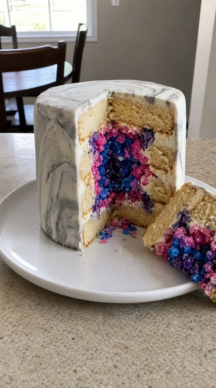 A sliced geode cake revealing colorful dyed rock candy crystals inside on a white surface.